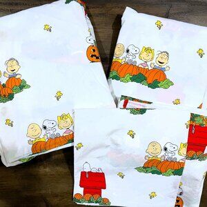 King Size Autumn Peanuts Cotton Percale Sheet Set EX Condition